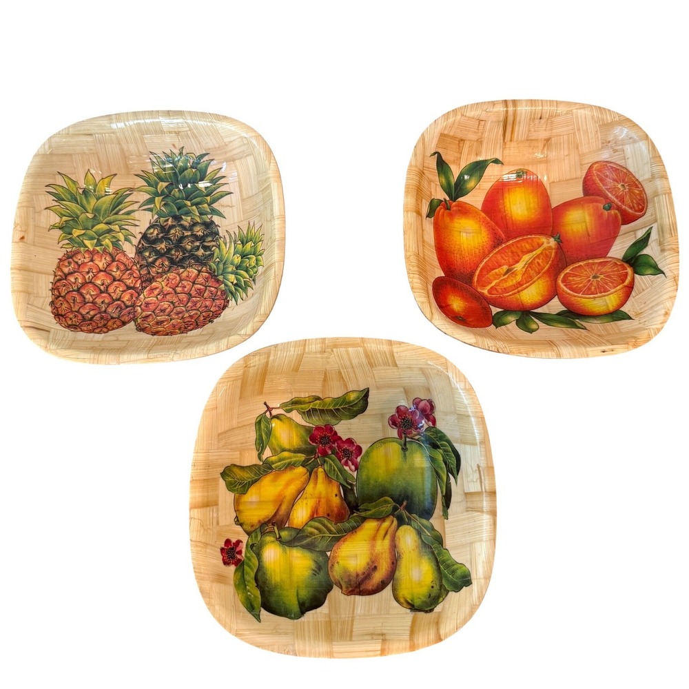 Vintage Set of 3 Bamboo Woven Handpainted Fruit Pear Orange Bowls‎ 6" Square
